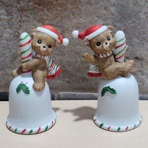 Vintage Pair Lefton Christmas Teddy Bear Porcelain Bell Figurines 1983